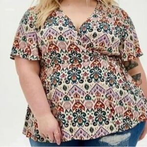 Torrid Top Ikat Print Gauze Smocked Surplice Blouse Shirt Plus Size 3X